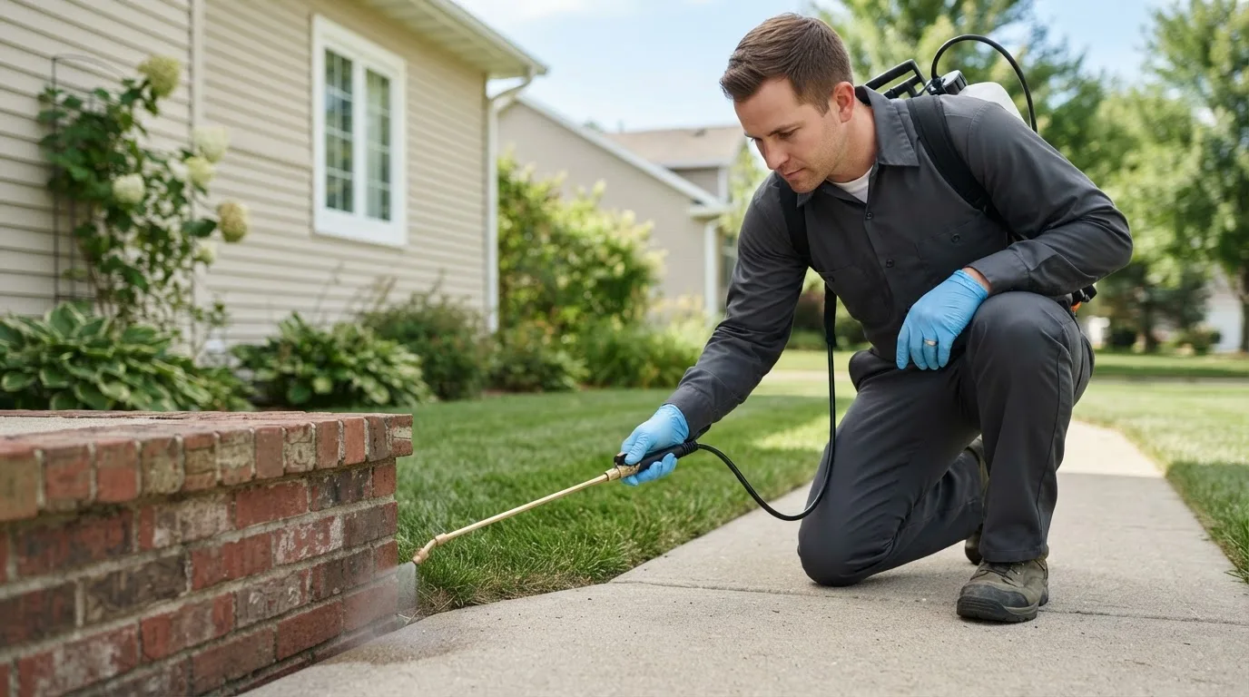 Pest control technician treating a home near Bedford, VA